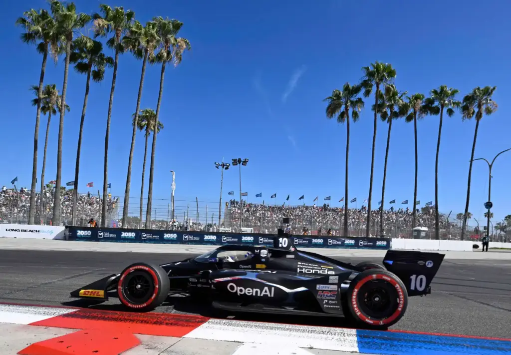 Indycar driver Alex Palou races towards the hairpin during the...