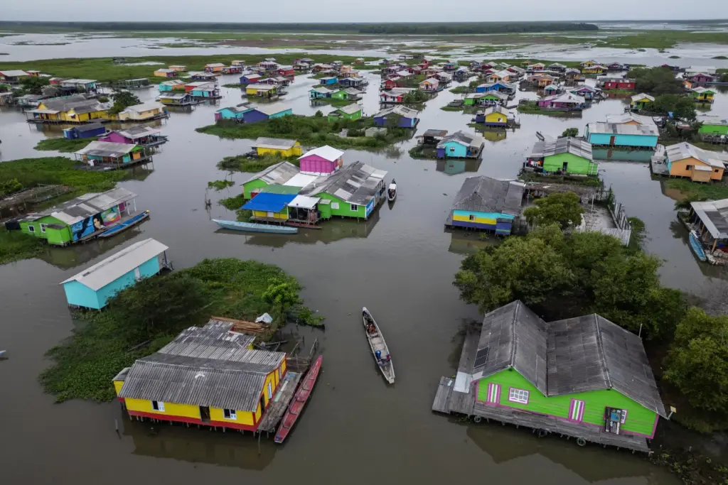 A boat navigates between homes surrounded by an invasive plant...