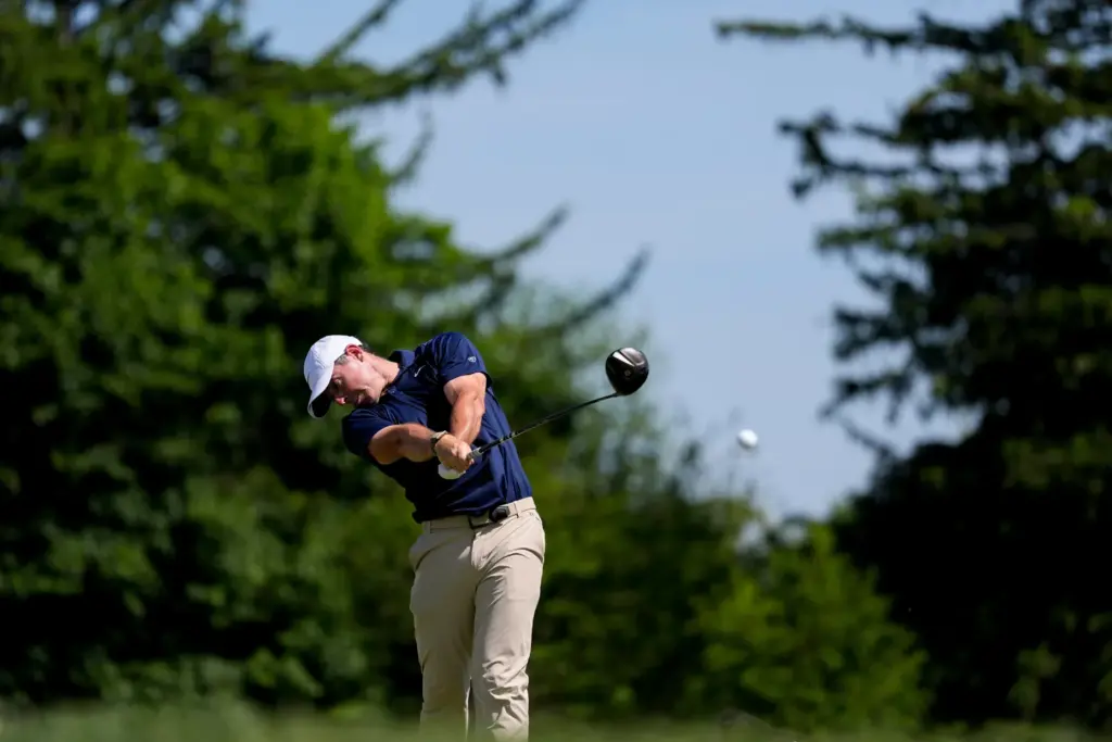 Rory McIlroy, of Northern Ireland, hits from the seventh tee...
