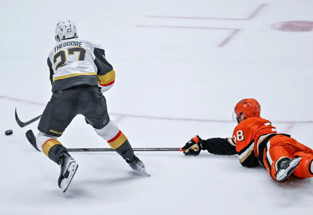 The Ducksâ Jeffrey Viel (28) lays out on the ice...
