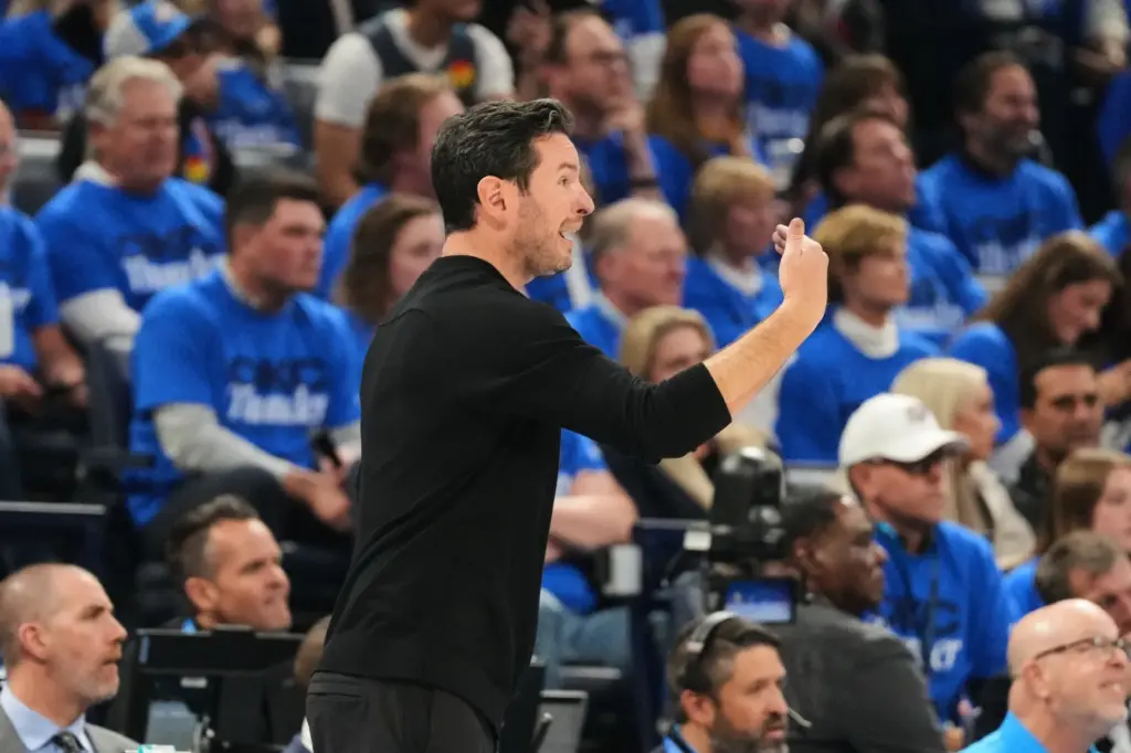 Lakers head coach JJ Redick reacts to a play Injured...