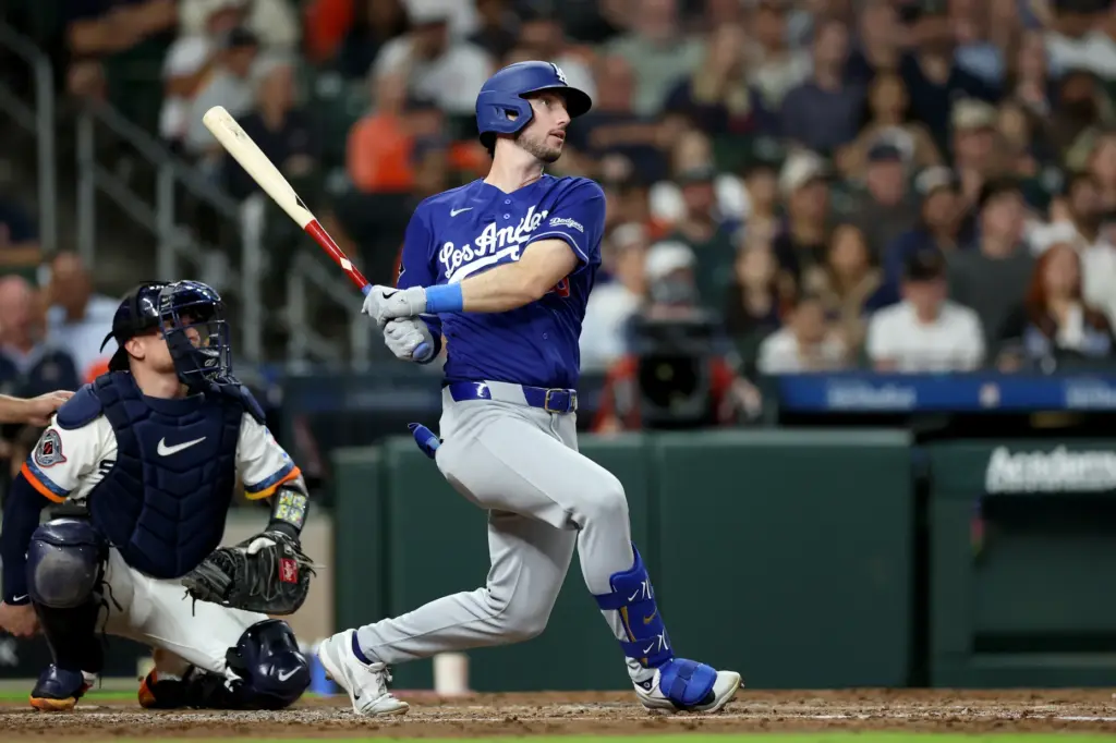The Dodgers’ Kyle Tucker hits a solo home run during...