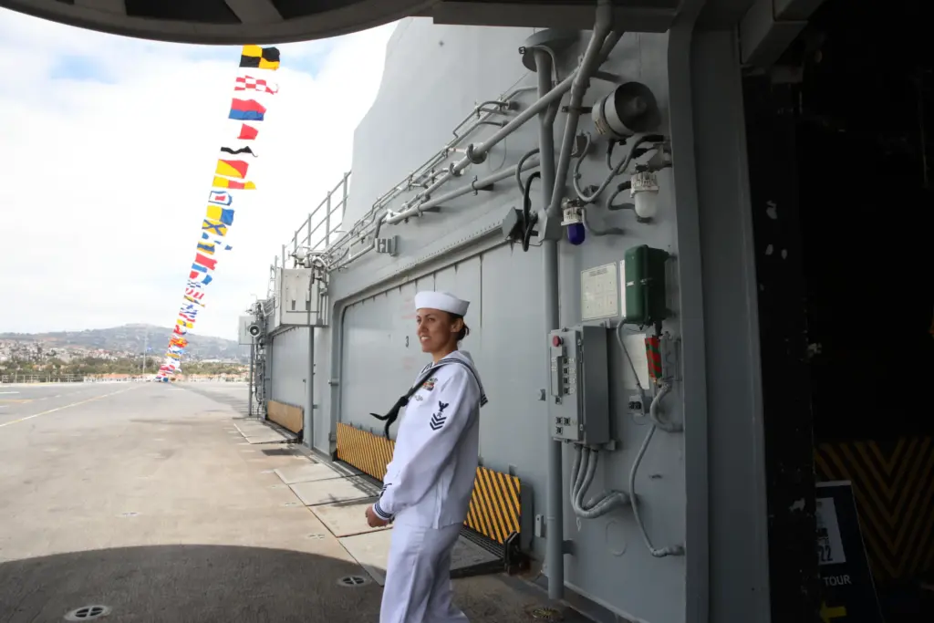 Logistics Specialist 1st Class Melanie Carney looks out onto the...