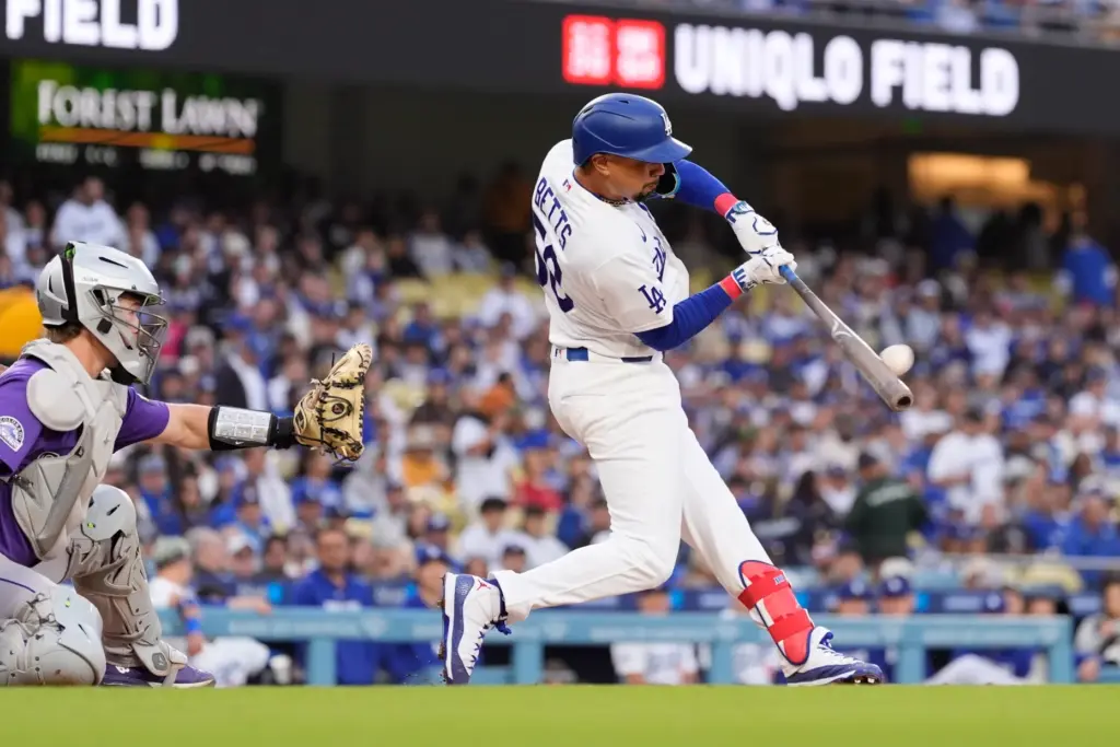 The Dodgers’ Mookie Betts hits a two-run home run during...