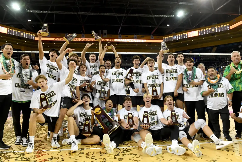 Hawaii players celebrate after defeating UC Irvine in the NCAA...