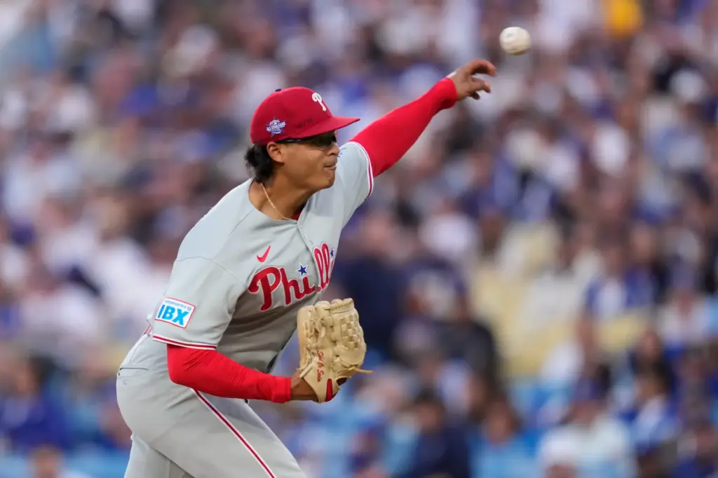 Philadelphia Phillies starting pitcher JesÃºs Luzardo throws to the plate...