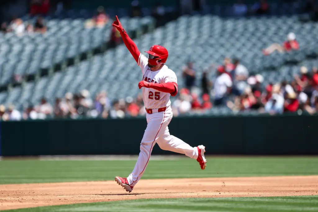 The Angels’ Travis D’Arnaud celebrates as he runs the bases...