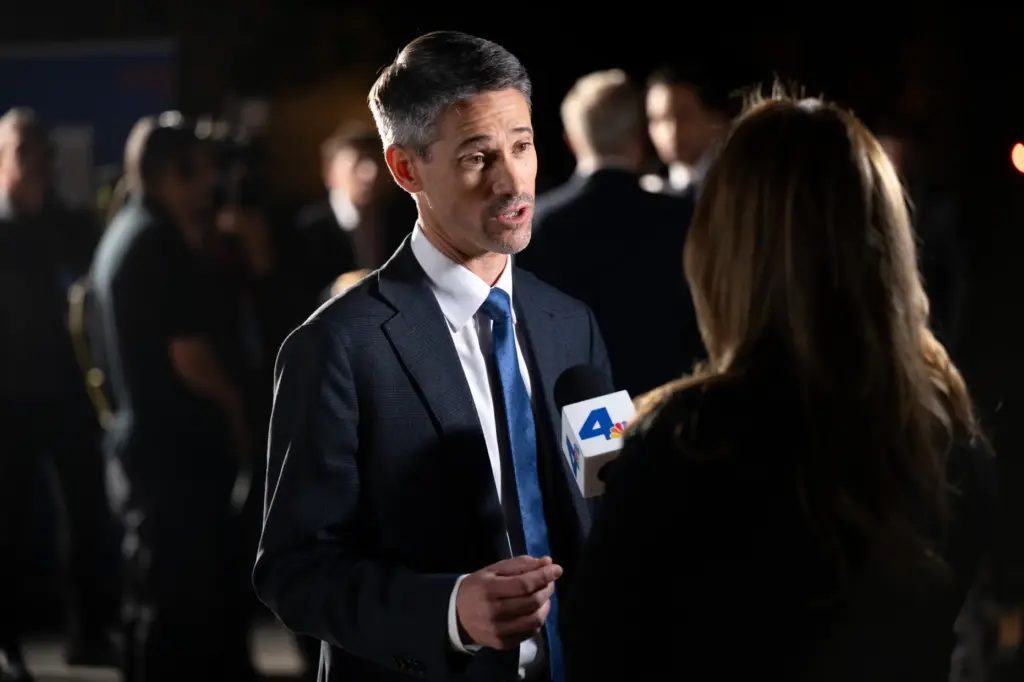 Gubernatorial candidate Matt Mahan talks with media after a debate...