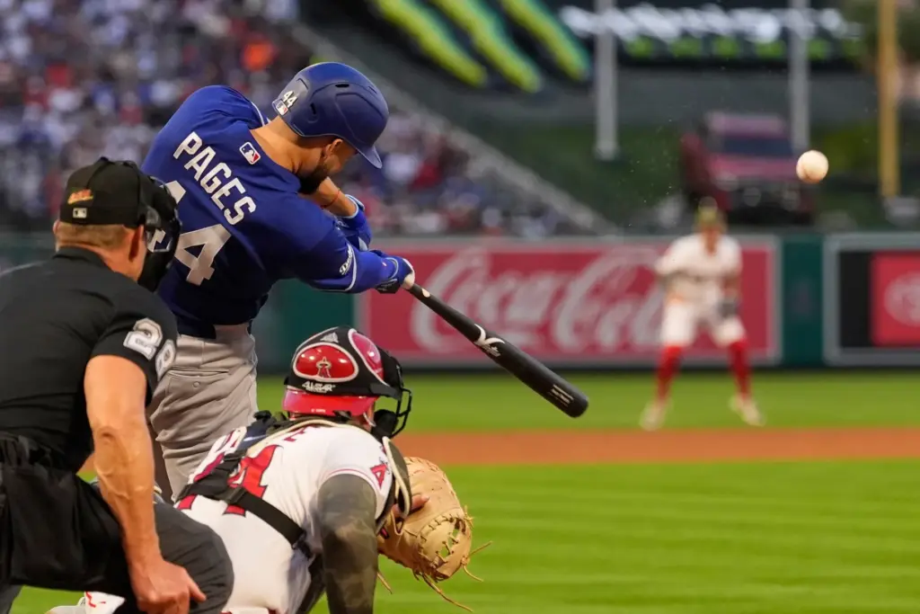 The Dodgers’ Andy Pages hits a three-run home run during...