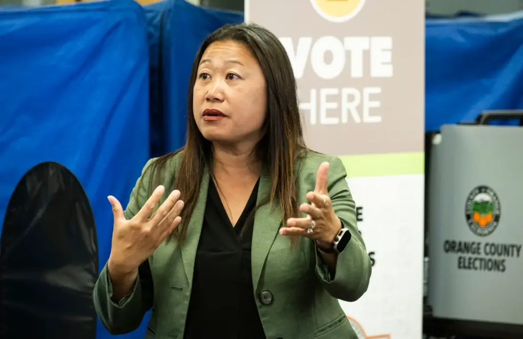 Orange County First District Supervisor Janet Nguyen talks during a...
