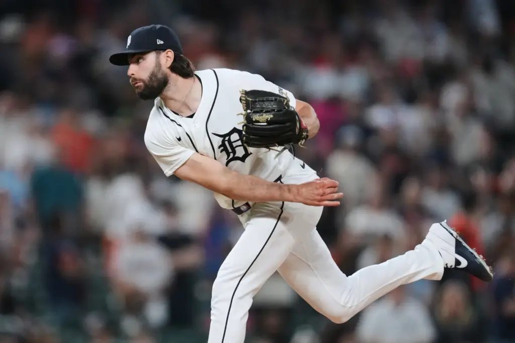 Detroit Tigers relief pitcher Brenan Hanifee throws to the plate...