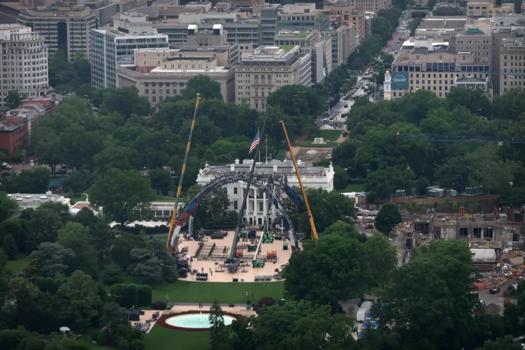 Equipment is seen being placed on the South Lawn of...