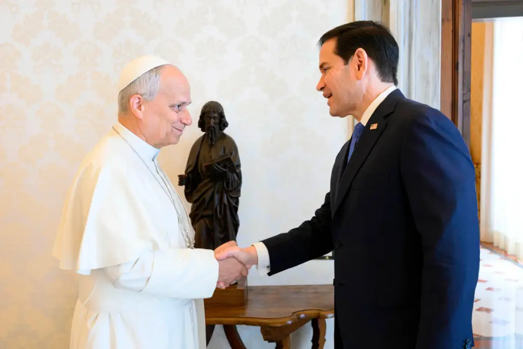 Pope Leo XIV greets Secretary of State Marco Rubio.