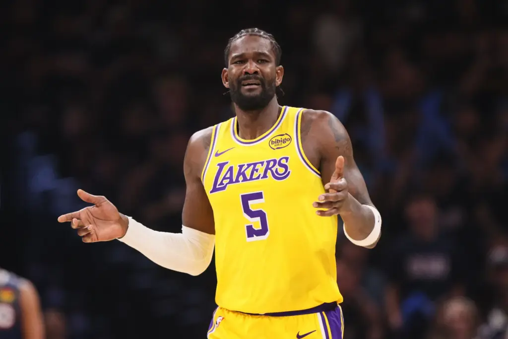 Los Angeles Lakers center Deandre Ayton reacts to an officials...