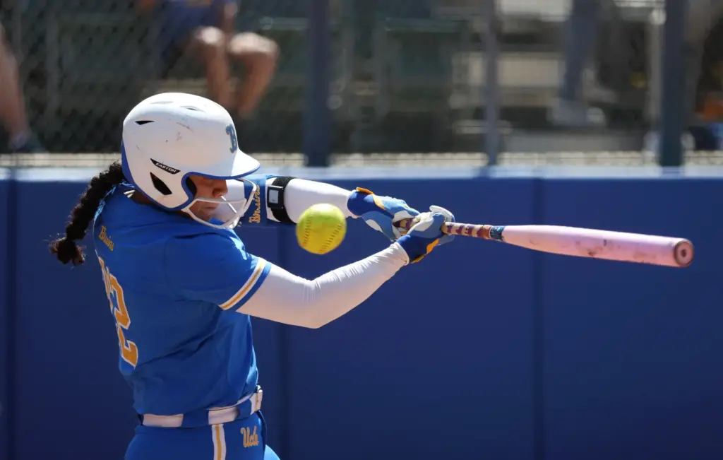 UCLAâs Bri Alejandre swings past a high pitch during the...