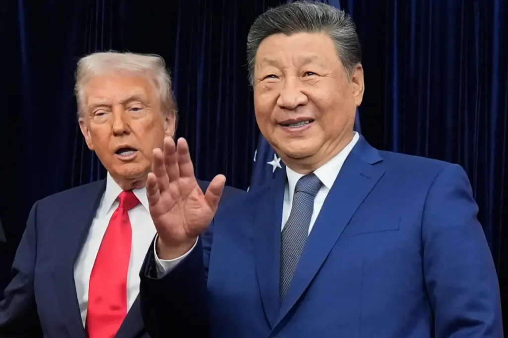 President Xi Jinping, right, waves, with President Donald Trump