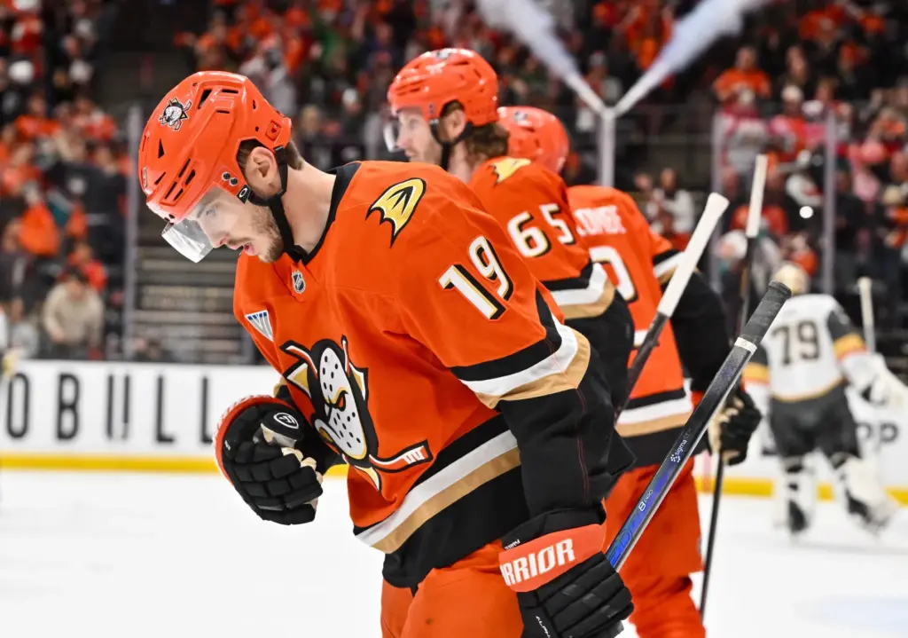 The Ducks’ Troy Terry (19) shows little emotion after they...