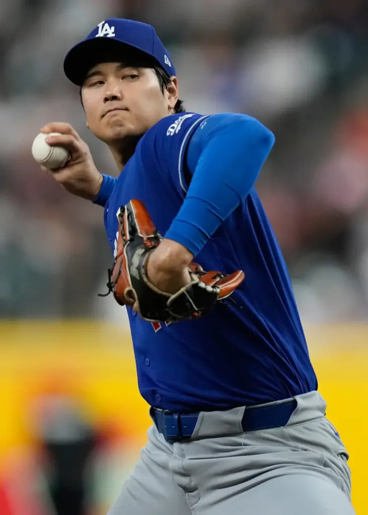 Dodgers starting pitcher Shohei Ohtani throws to the plate during...