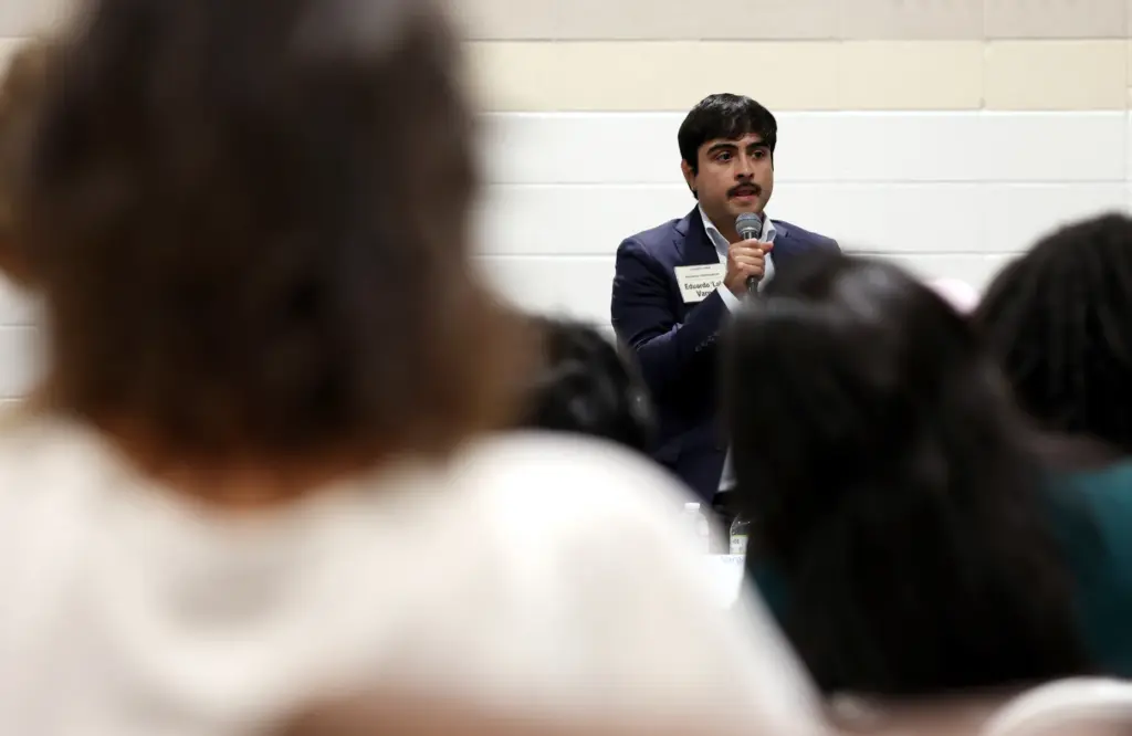 California Insurance Commissioner candidate Eduardo âLaloâ Vargas speaks during a...