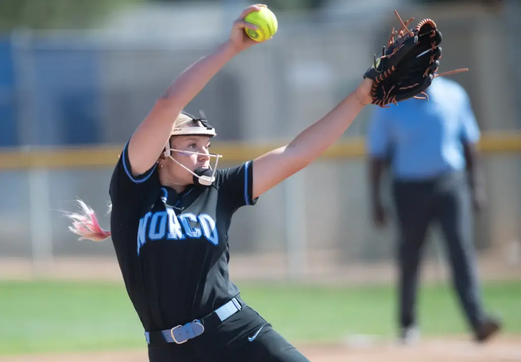 Norcoâs Peyton May, (#2), delivers a pitch against J Serra,...