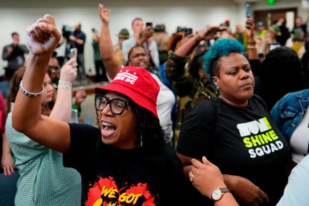 Wanda Mosley protests in a House committee meeting during a special session.