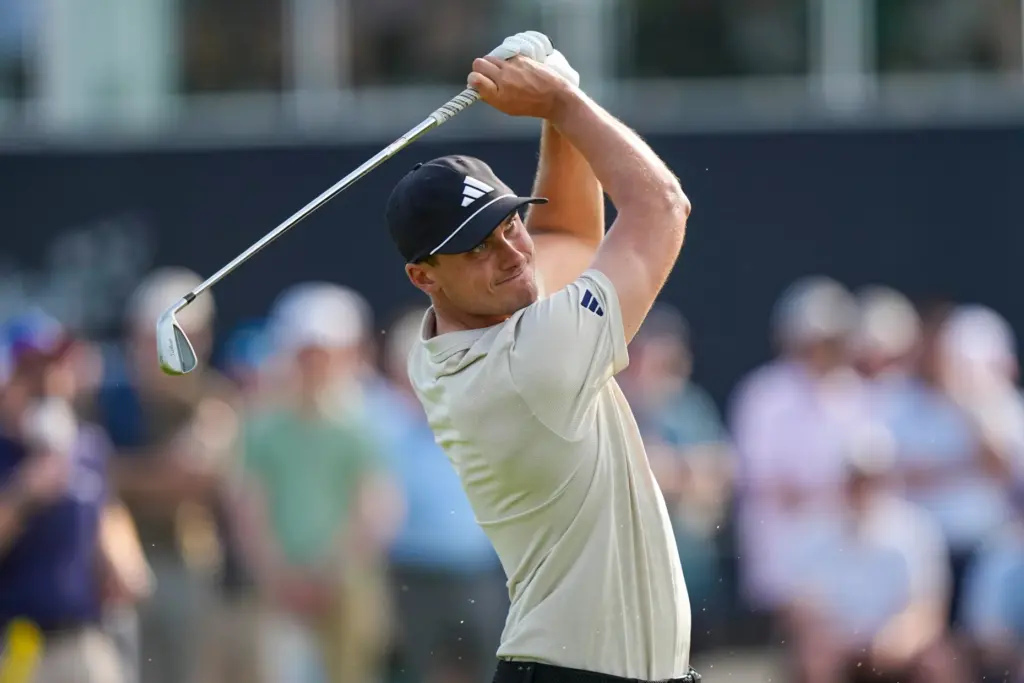 Ludvig Ãberg, of Sweden, hits from the 17th tee during...