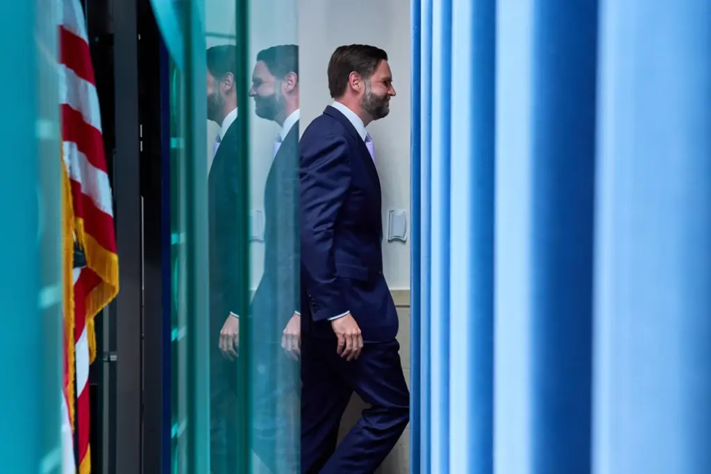Vice President JD Vance leaves after speaking to reporters in...