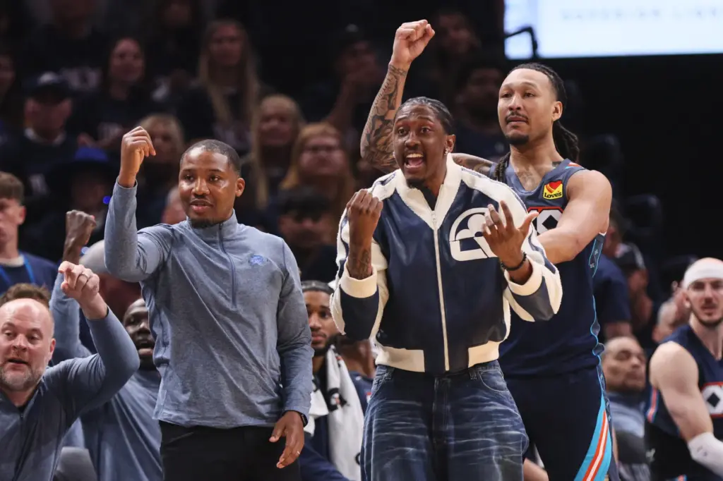 Oklahoma City Thunder’s Jalen Williams, center, Jaylin Williams, right, and...