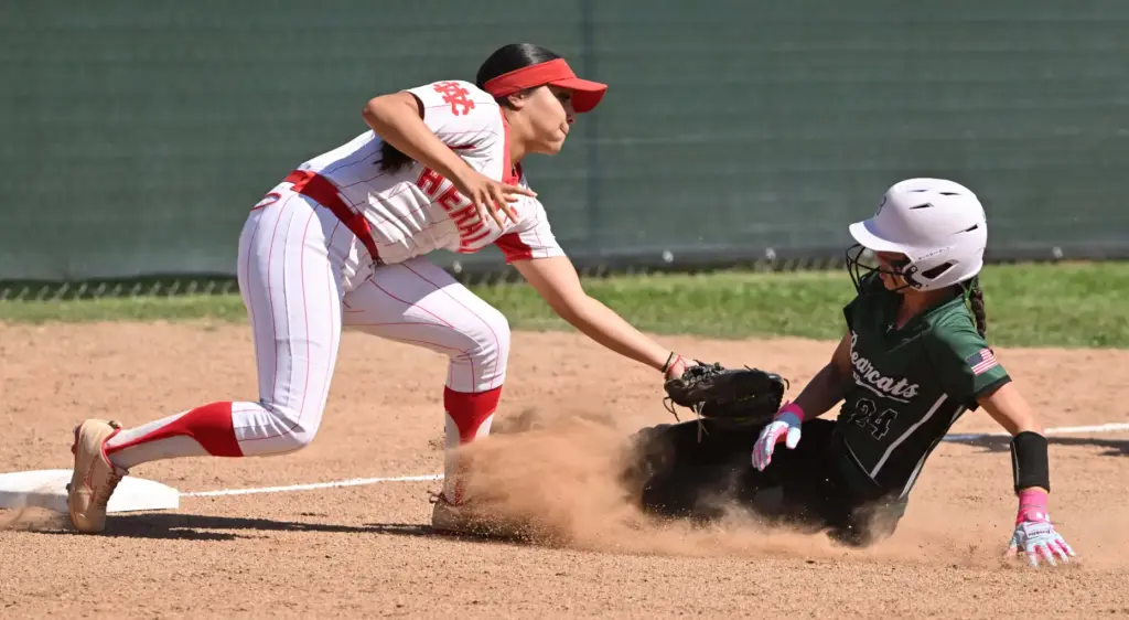 Third baseman Sofia Hernandez #2 of the Whittier Christian Heralds...