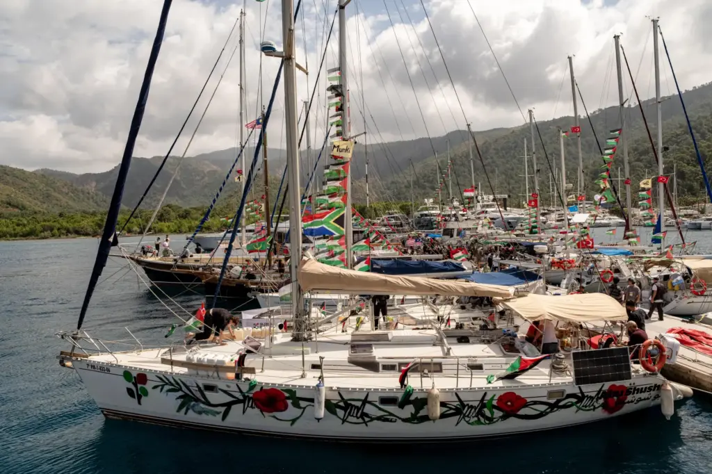 Boats belonging to the Global Sumud Flotilla prepare to depart for Gaza.