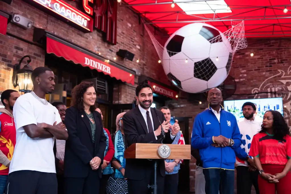 New York City Mayor Zohran Mamdani, center, joined by, from...