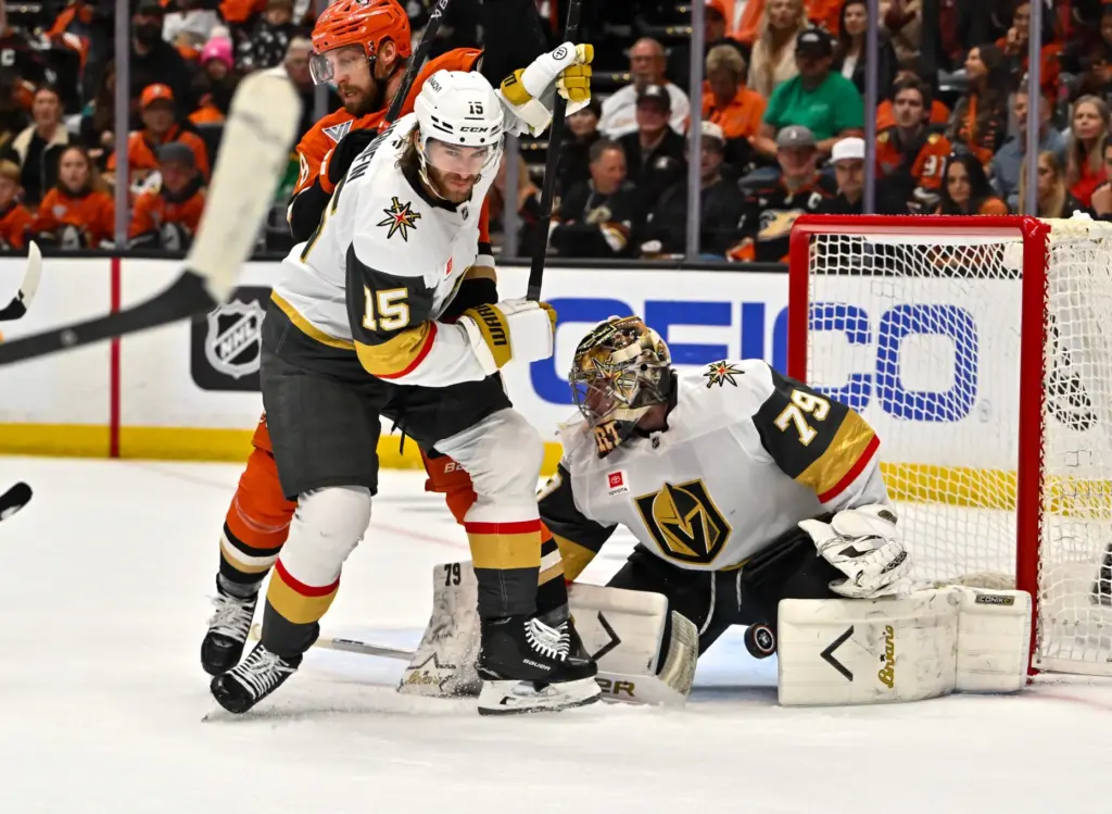 The Vegas Golden Knightsâ Carter Hart (79) and Noah Hanifin...