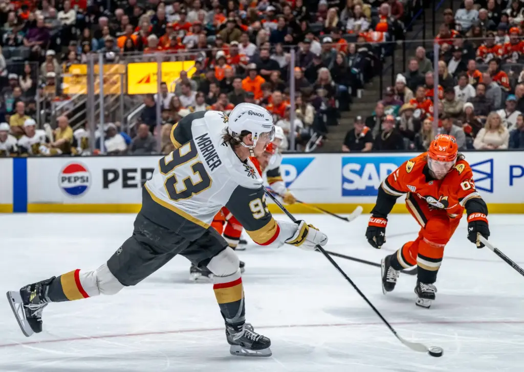 The Vegas Golden Knightsâ Mitch Marner takes a shot on...