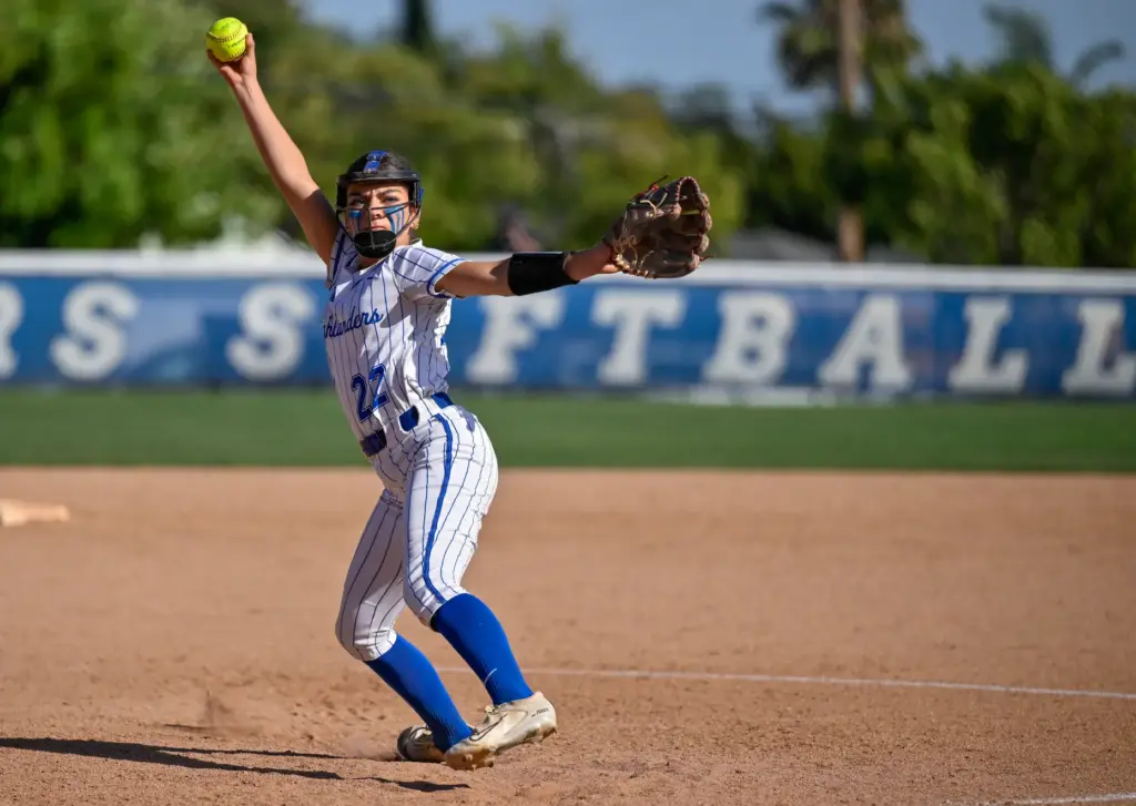 La Habra relief pitcher Samantha Cervantes throws to home plate...