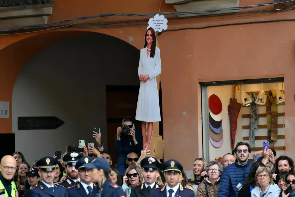 A placard of Britain’s Kate, Princess of Wales, is seen...