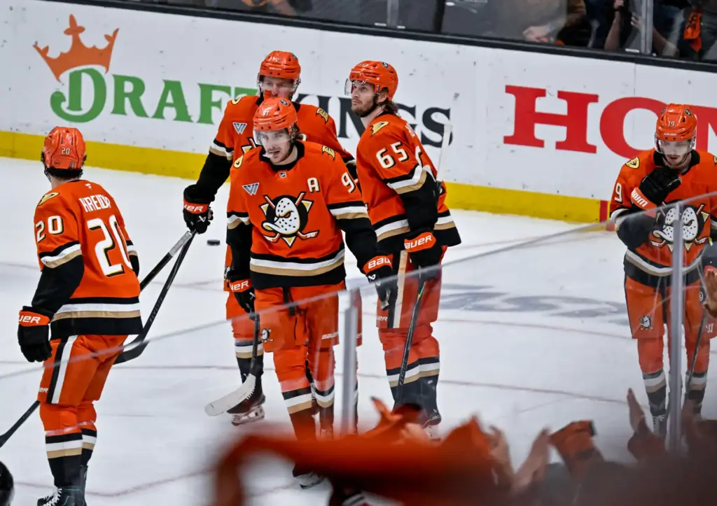 The Ducks celebrate a goal by Chris Kreider (20) during...