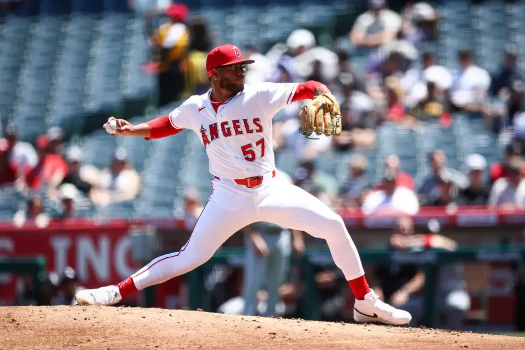 Angels starting pitcher Walbert UreÃ±a throws to the plate during...