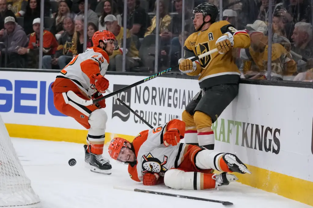 Vegas Golden Knights center Jack Eichel (9) checks Ducks defenseman...