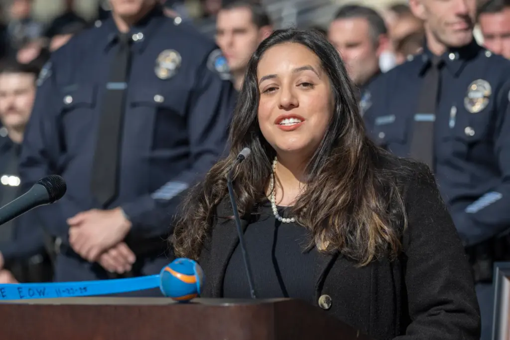 Burbank Mayor Nikki Perez speaks during a memorial ceremony for...