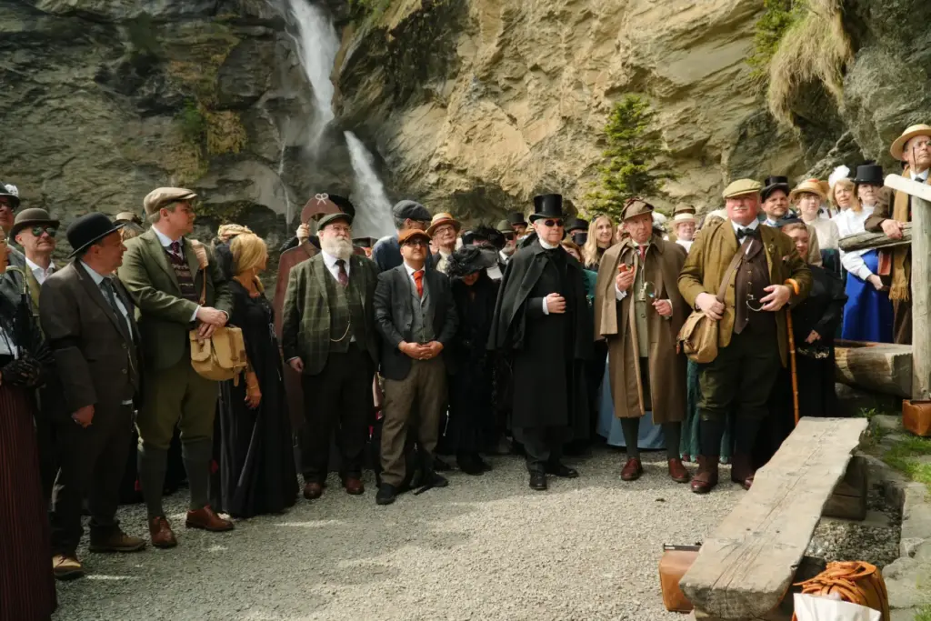 Members of the Sherlock Holmes Society of London at the Reichenbach Falls.