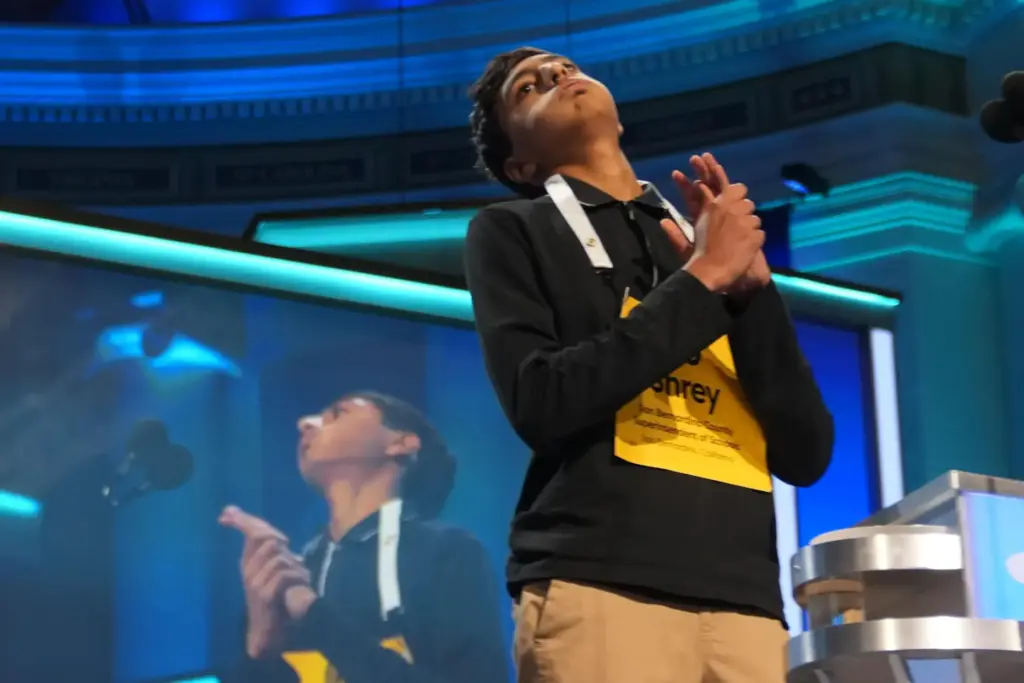 Shrey Parikh, 14, of Rancho Cucamonga, Calif., reacts during the...