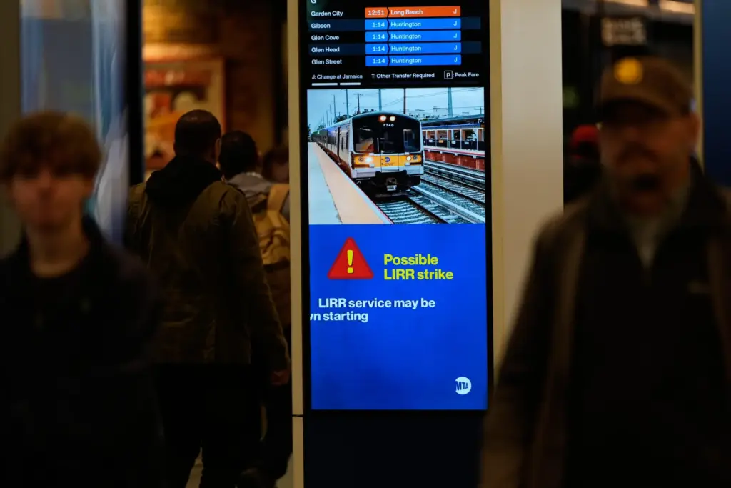 A sign warns commuters of a potential Long Island Rail Road strike at Penn Station.