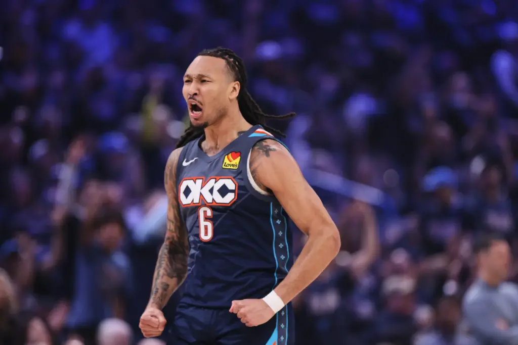 Oklahoma City Thunder’s Jaylin Williams celebrates in the first half...