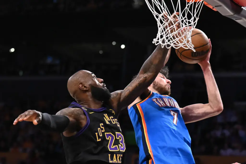 Lakers star LeBron James, left, and Oklahoma City Thunder forward...