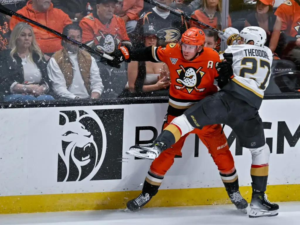 The Ducksâ Jackson LaCombe (2), left, and the Golden Knightsâ...