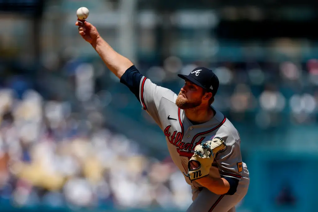 Atlanta Braves starting pitcher Bryce Elder delivers to the plate...
