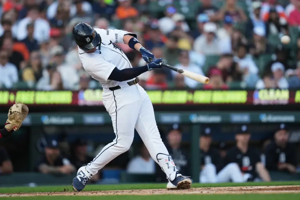 The Detroit Tigers’ Spencer Torkelson hits a home run during...