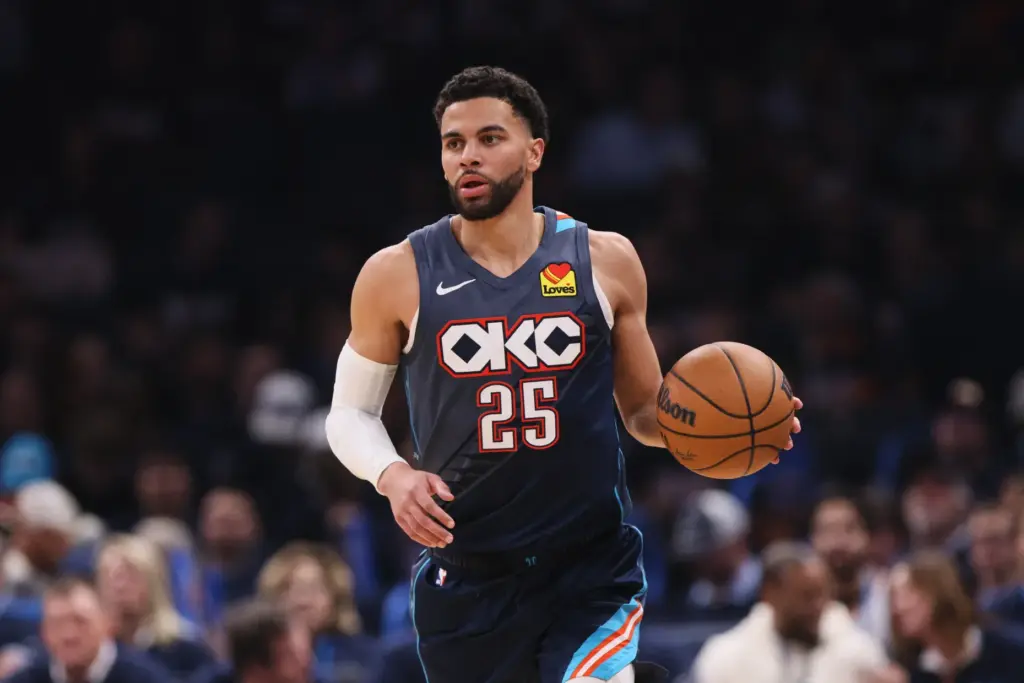 Oklahoma City Thunder’s Ajay Mitchell handles the ball in the...