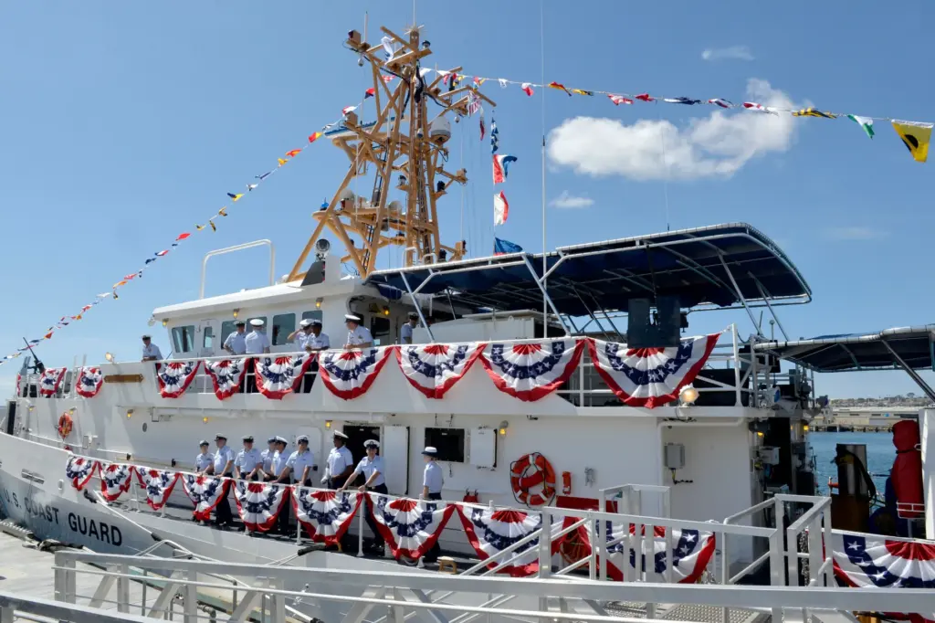 The crew on board during the commissioning ceremony for the...