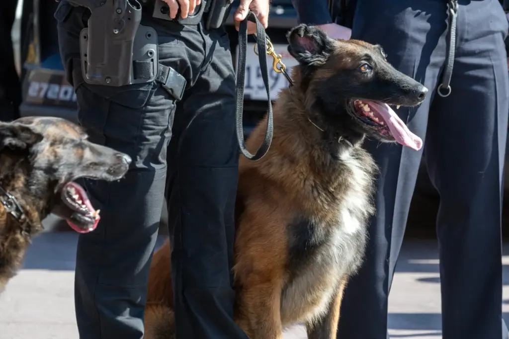 Law enforcement officers and their K-9 partners line the street...